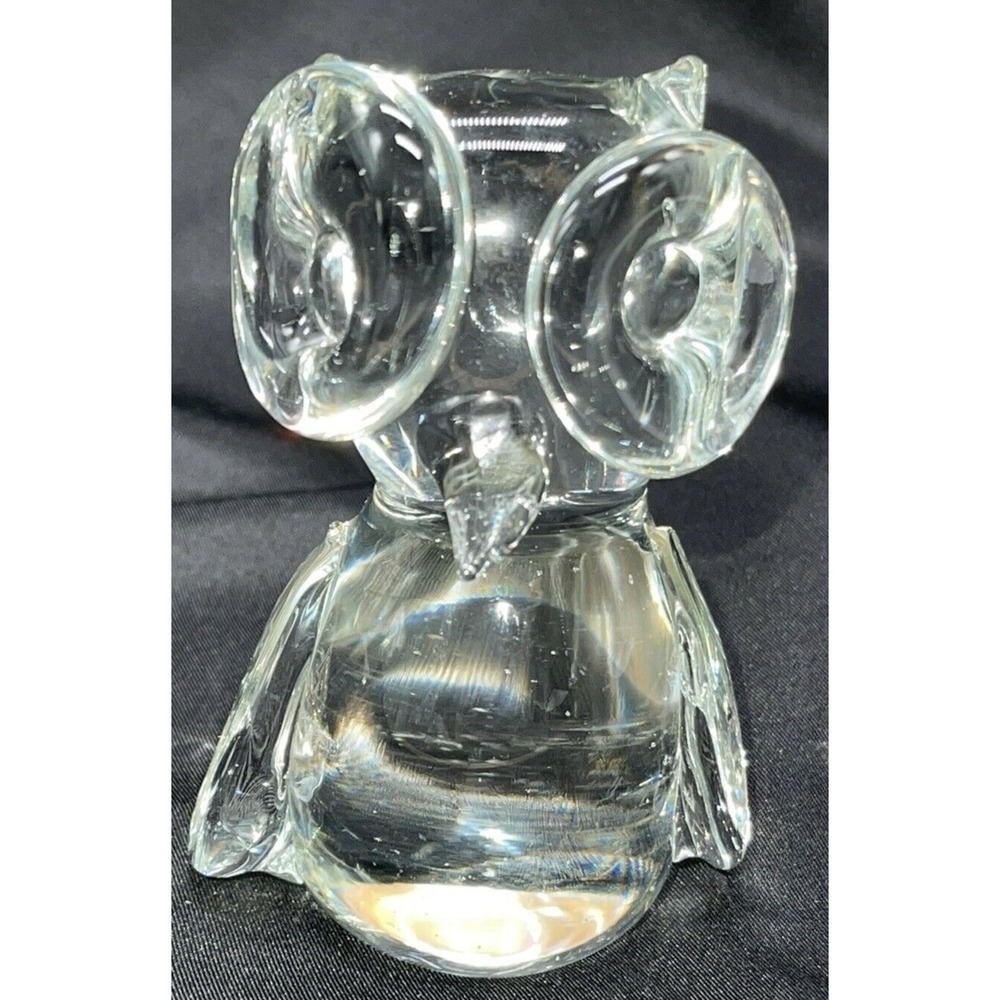 Vintage Clear Art Glass Owl Paperweight Figurine Bubble Eyes & Wings Hand Blown